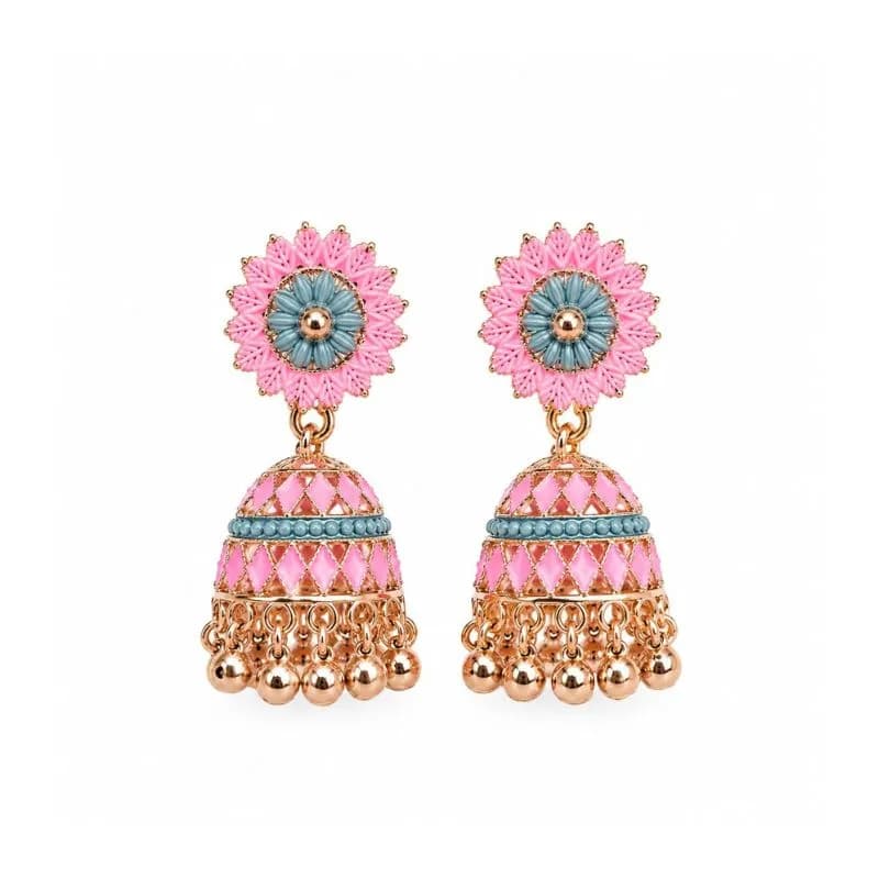 Pink & Blue Flower Design Jhumka Earrings | পিংক ফ্লাওয়ার জুমকা