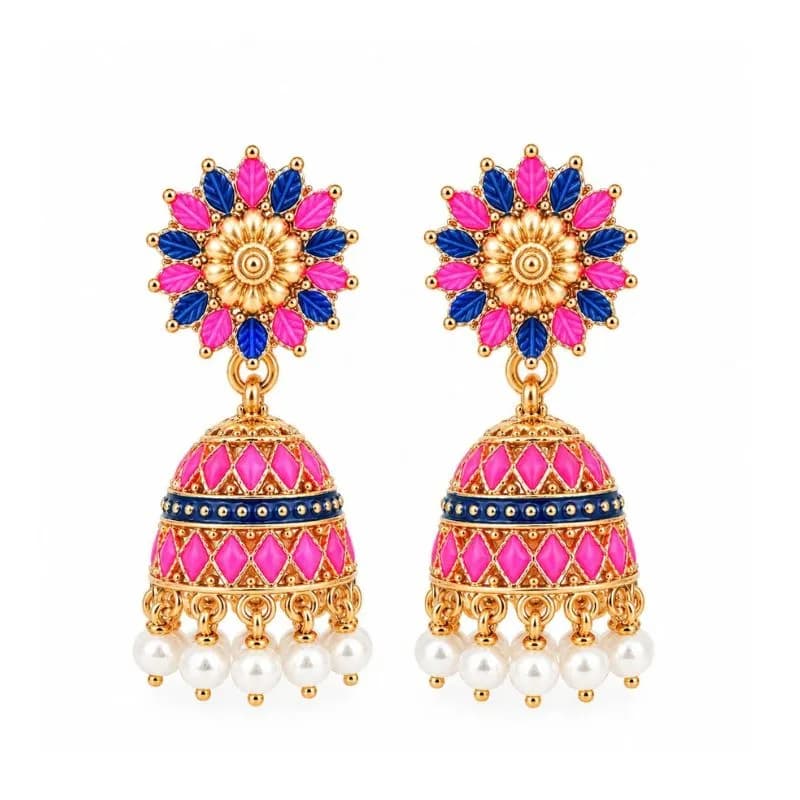 পিংক & ব্লু Flower Design Jhumka Earrings | গোল্ডেন ফিনিশ জুমকা