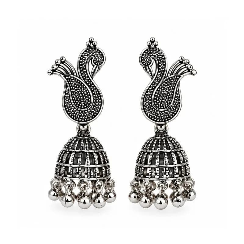 ময়ূর ডিজাইনের সিলভার ঝুমকা দুল – Peacock Silver Jhumka Earrings