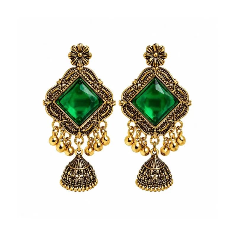 গ্রিন স্টোন গোল্ডেন ঝুমকা কানের দুল | Green Stone Golden Jhumka Earrings