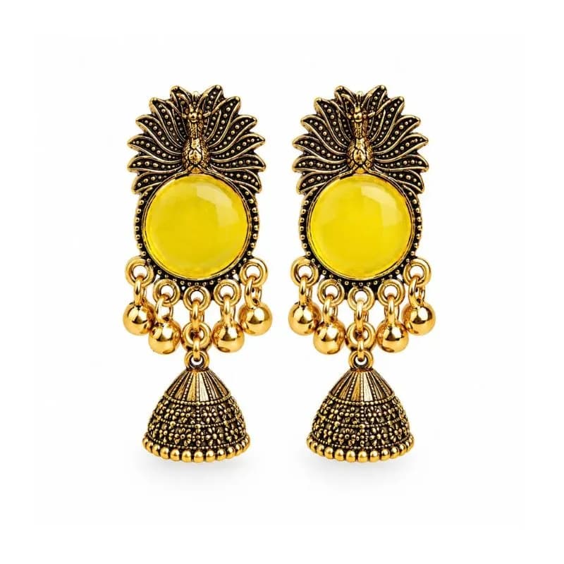 পিকক ডিজাইন গোল্ডেন ঝুমকা দুল – Peacock Yellow Stone Jhumka Earrings