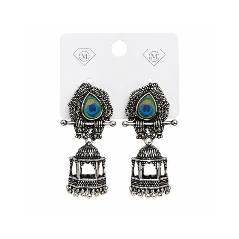 ময়ূর পালক ডিজাইনের অক্সিডাইজড ঝুমকা | Peacock Oxidized Jhumka Earrings