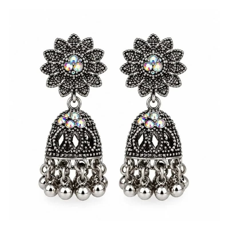ব্ল্যাক ফুল ডিজাইন Oxidized Jhumka Earrings | Stylish কানের দুল