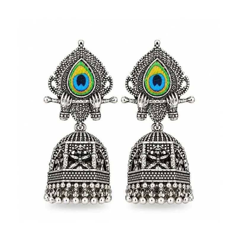 পিকক ডিজাইন Oxidized Silver Jhumka Earrings | Peacock Feather জুমকা