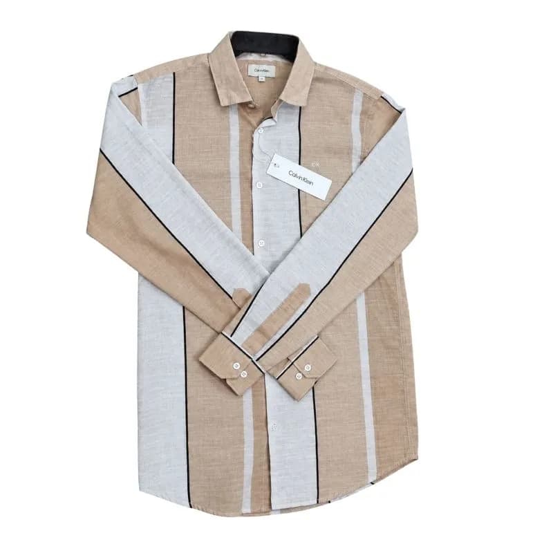 Calvin Klein Striped Full Sleeve Shirt – Beige & White | Stylish Casual Shirt