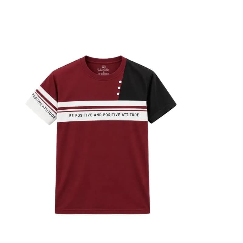 Men’s Contrast Panel T-Shirt – Maroon & Black | Positive Attitude Casual Tee